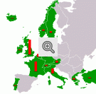 Mapa da Europa mostrando os países que receberam ajuda do Plano Marshall. As colunas vermelhas mostram a quantidade total relativa de ajuda por país.